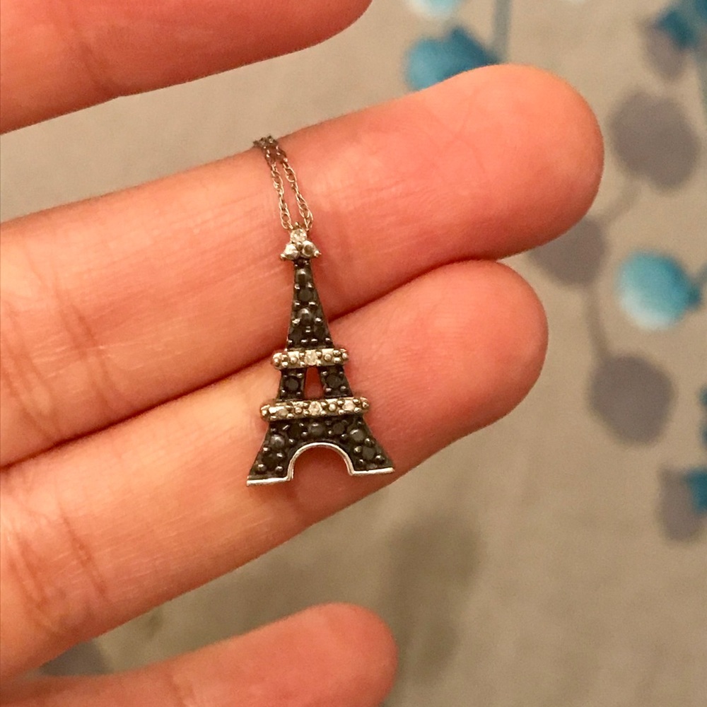 Black and white diamond Eiffel Tower necklace
